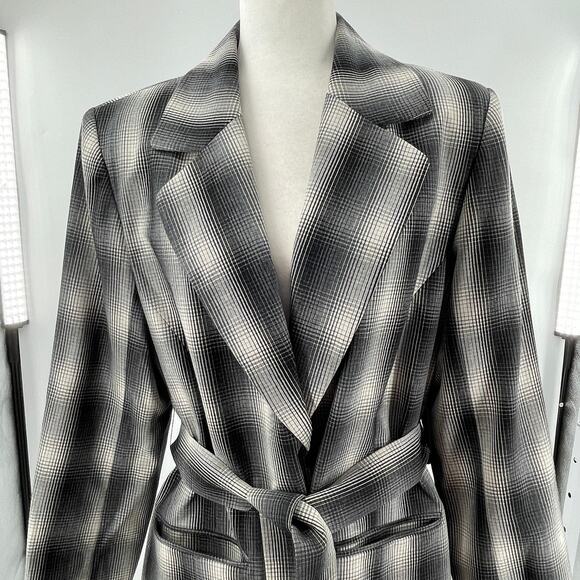 Ports International Vintage Black Gray Ombre Plaid Long Belted Jacket 10 - Picture 7 of 12
